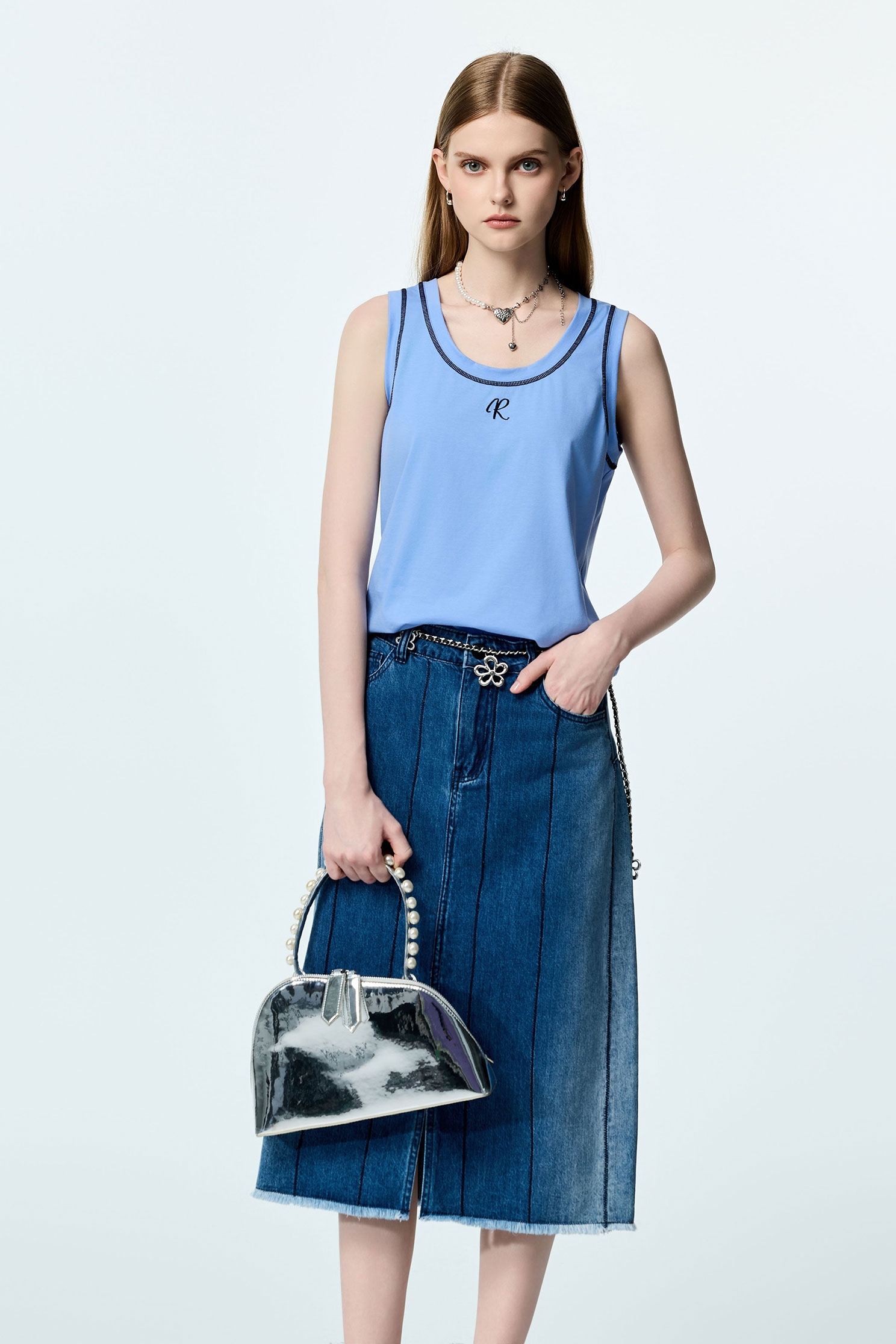 Contrast Trim Detail Tank TopContrast Trim Detail Tank Top,sleeveless tops,Embroidered,Season (SS) Look,Cotton,sleeveless tops