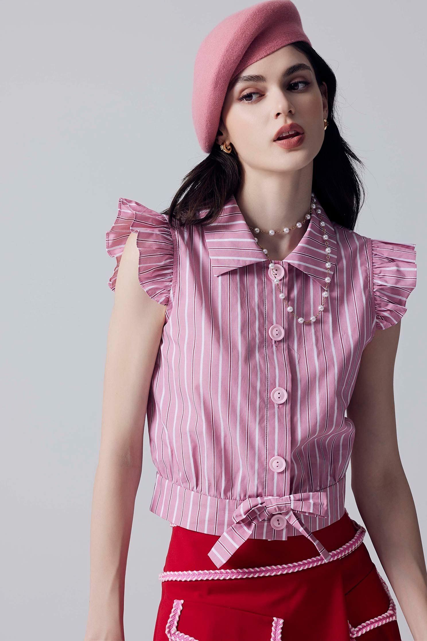 Stripe Print Classic Collar VestStripe Print Classic Collar Vest,sleeveless tops,Tops,Stripe,Season (AW) Look,bows