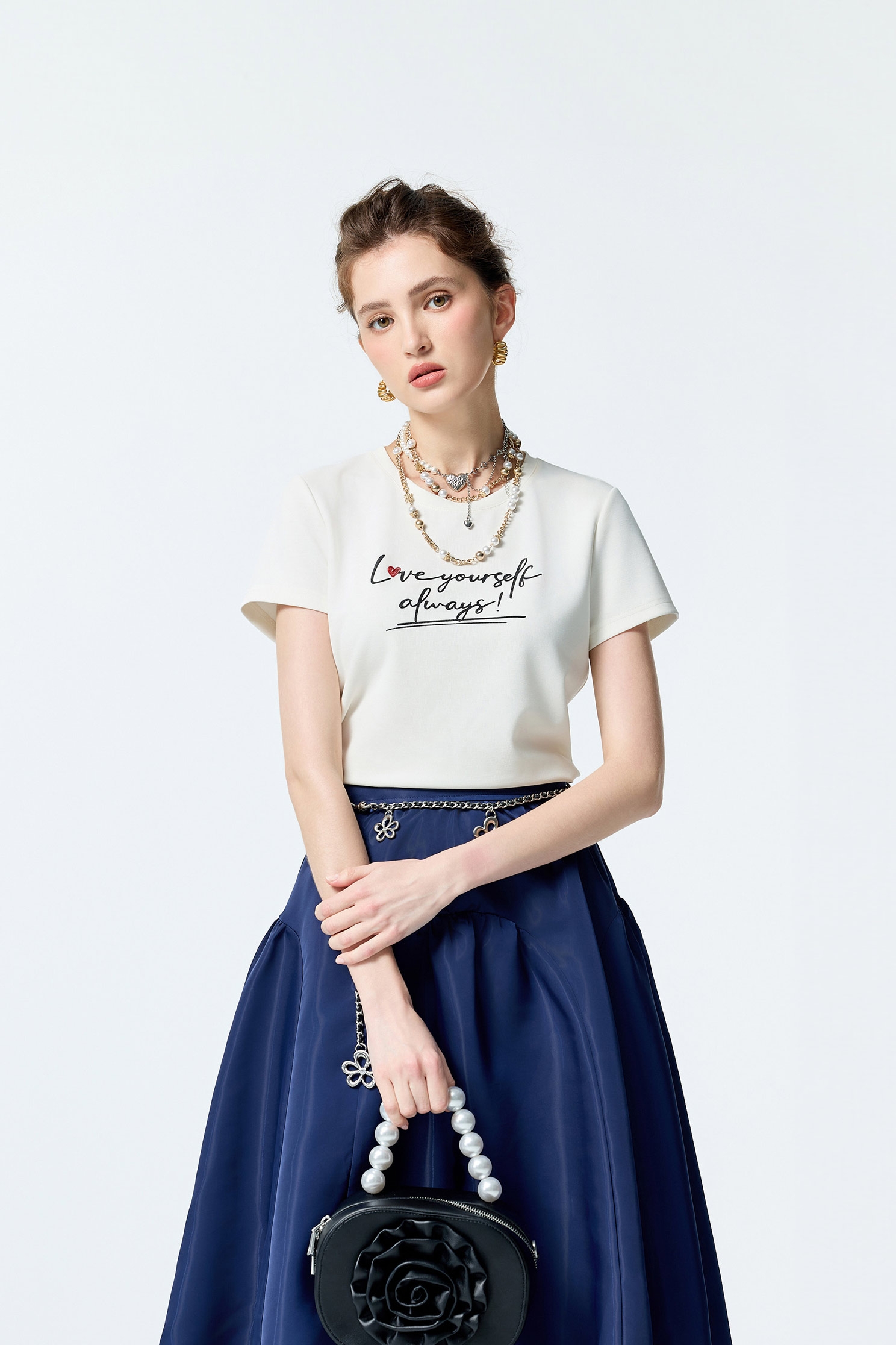 Front Slogan Basic TeeFront Slogan Basic Tee,T-shirts,Tops,Embroidered,Season (SS) Look,White tops