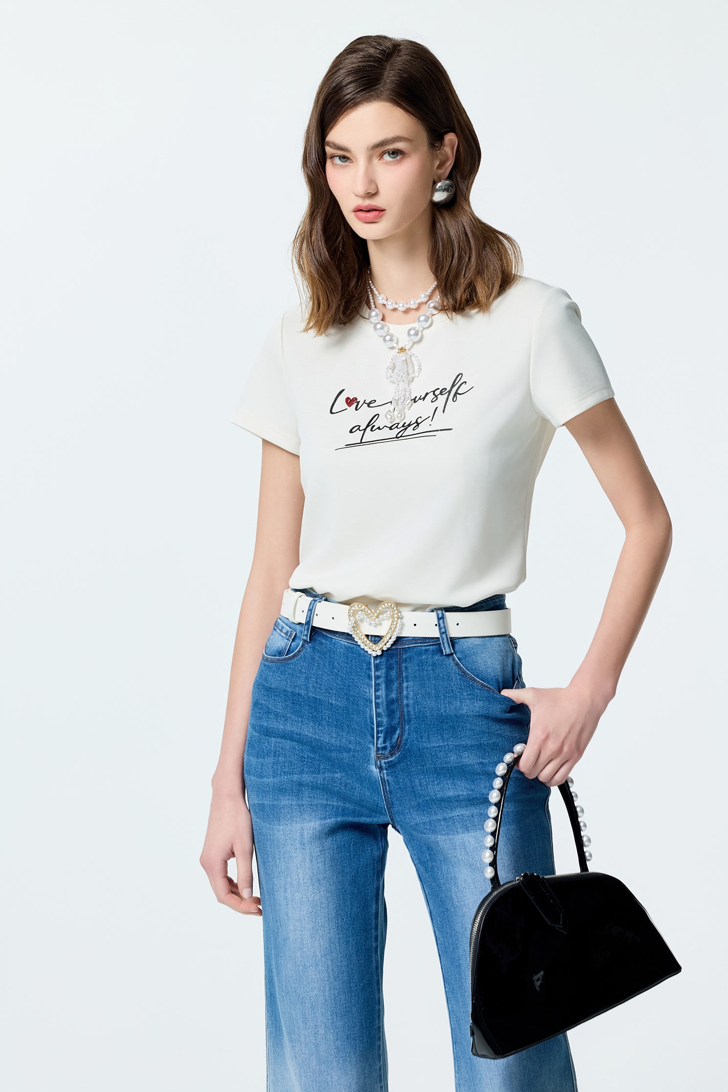 Front Slogan Basic TeeFront Slogan Basic Tee,T-shirts,Tops,Embroidered,Season (SS) Look,White tops