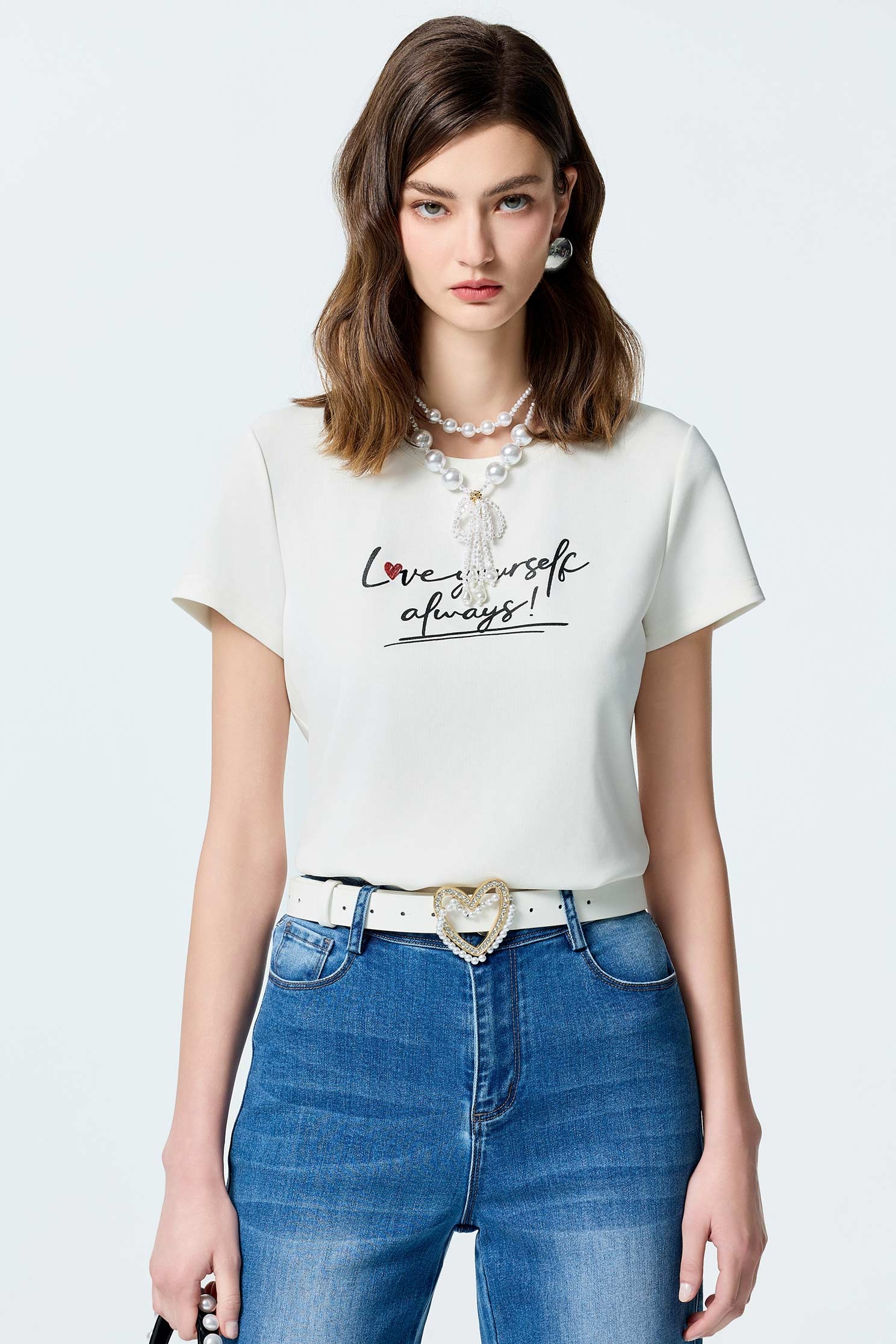 Front Slogan Basic TeeFront Slogan Basic Tee,T-shirts,Tops,Embroidered,Season (SS) Look,White tops