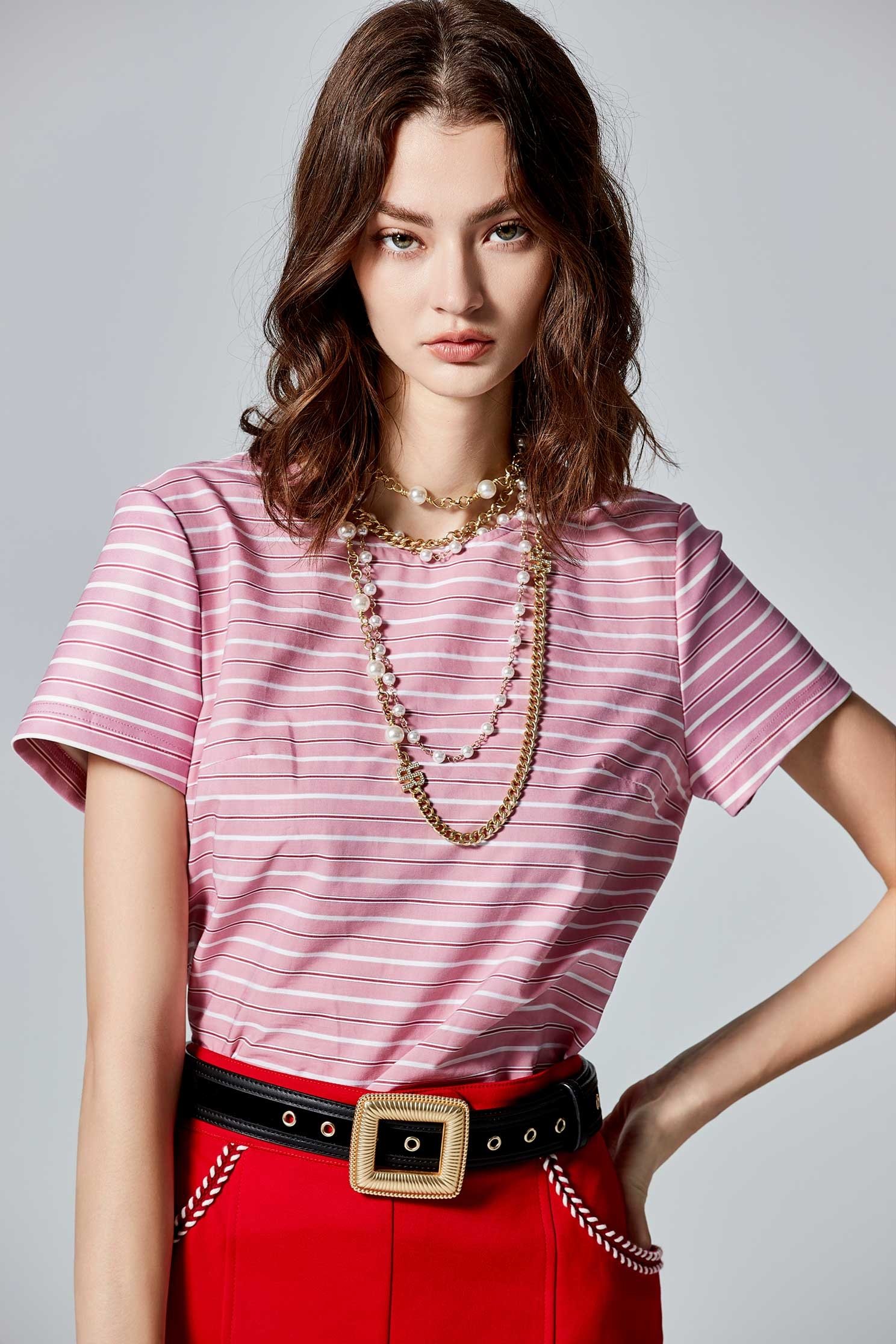 Stripe Print Short Sleeve Pink TopStripe Print Short Sleeve Pink Top,T-shirts,Tops,Season (AW) Look