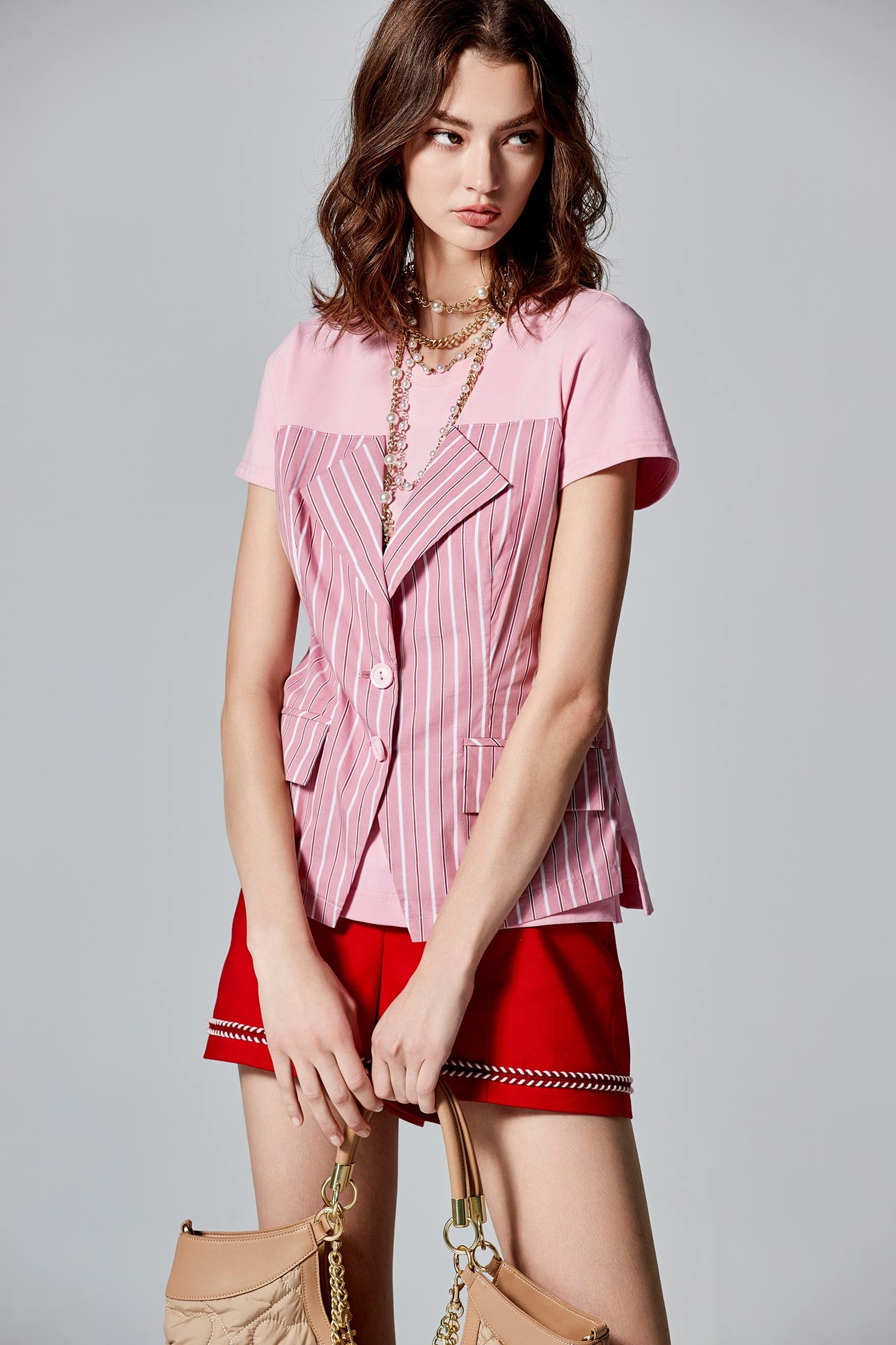 Pinstripe Mix Material Short Sleeve Pink TopPinstripe Mix Material Short Sleeve Pink Top,T-shirts,Tops,Season (AW) Look