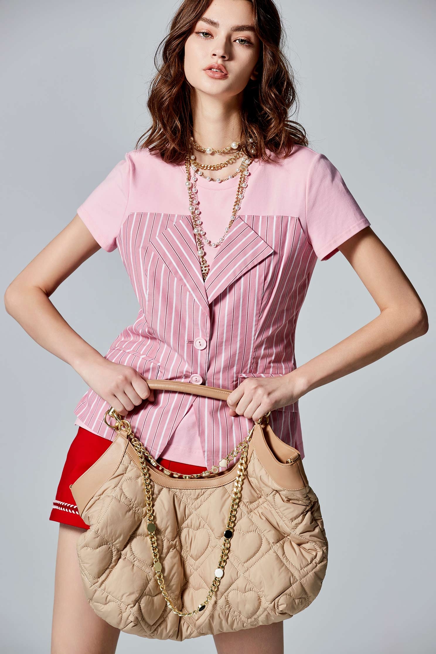 Pinstripe Mix Material Short Sleeve Pink TopPinstripe Mix Material Short Sleeve Pink Top,T-shirts,Tops,Season (AW) Look