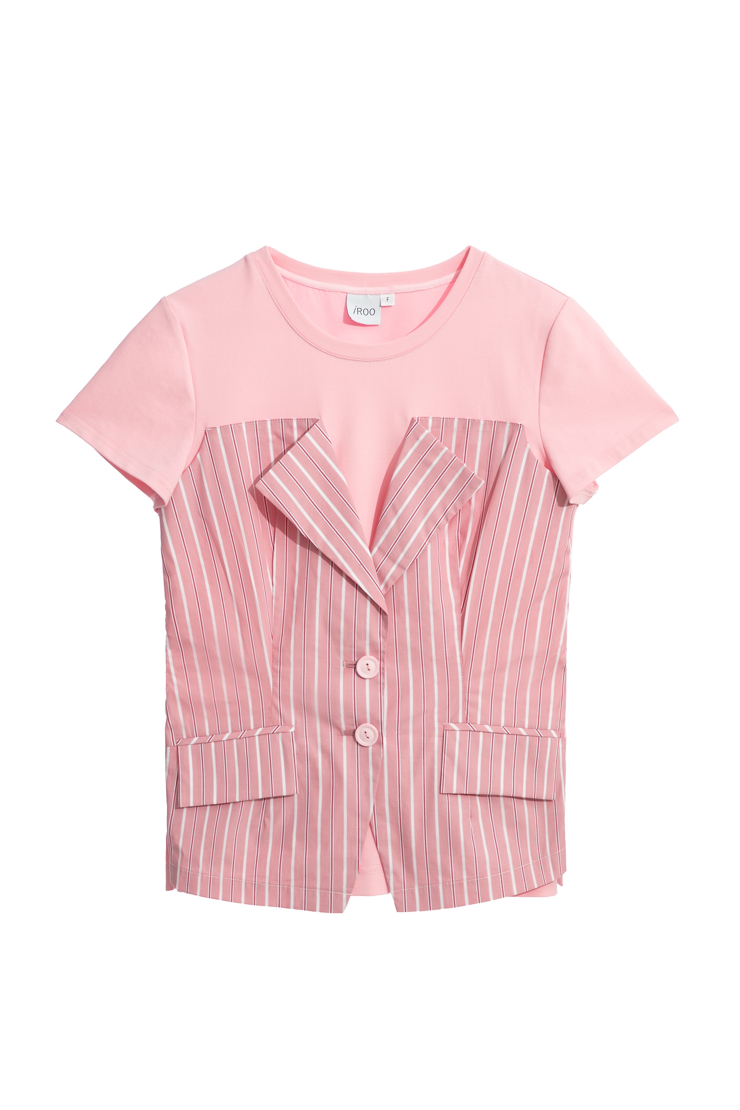 Pinstripe Mix Material Short Sleeve Pink TopPinstripe Mix Material Short Sleeve Pink Top,T-shirts,Tops,Season (AW) Look