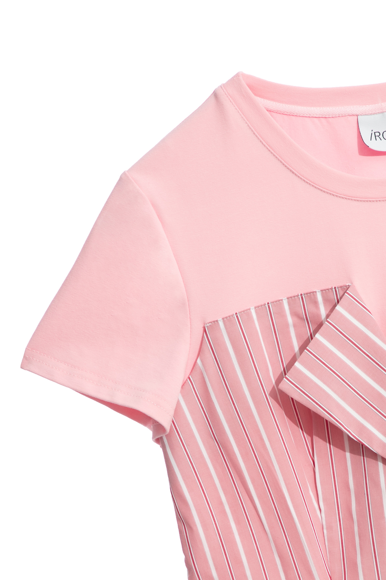 Pinstripe Mix Material Short Sleeve Pink TopPinstripe Mix Material Short Sleeve Pink Top,T-shirts,Tops,Season (AW) Look