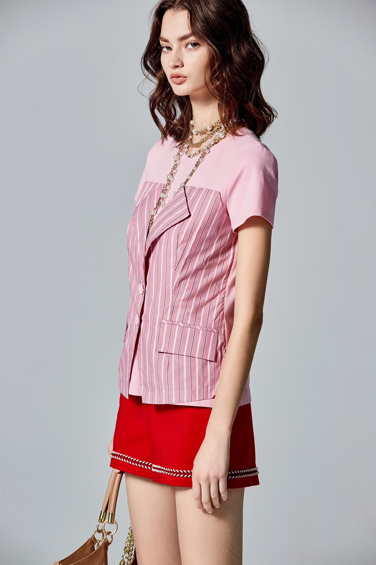 Pinstripe Mix Material Short Sleeve Pink TopPinstripe Mix Material Short Sleeve Pink Top,T-shirts,Tops,Season (AW) Look