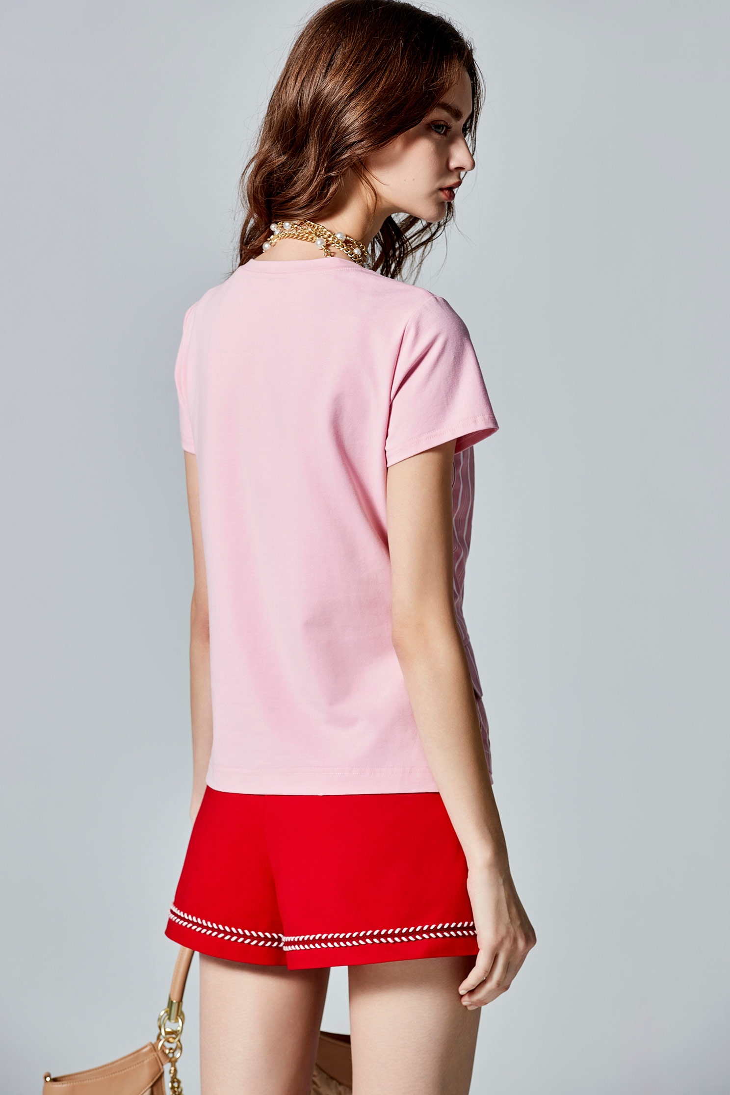 Pinstripe Mix Material Short Sleeve Pink TopPinstripe Mix Material Short Sleeve Pink Top,T-shirts,Tops,Season (AW) Look