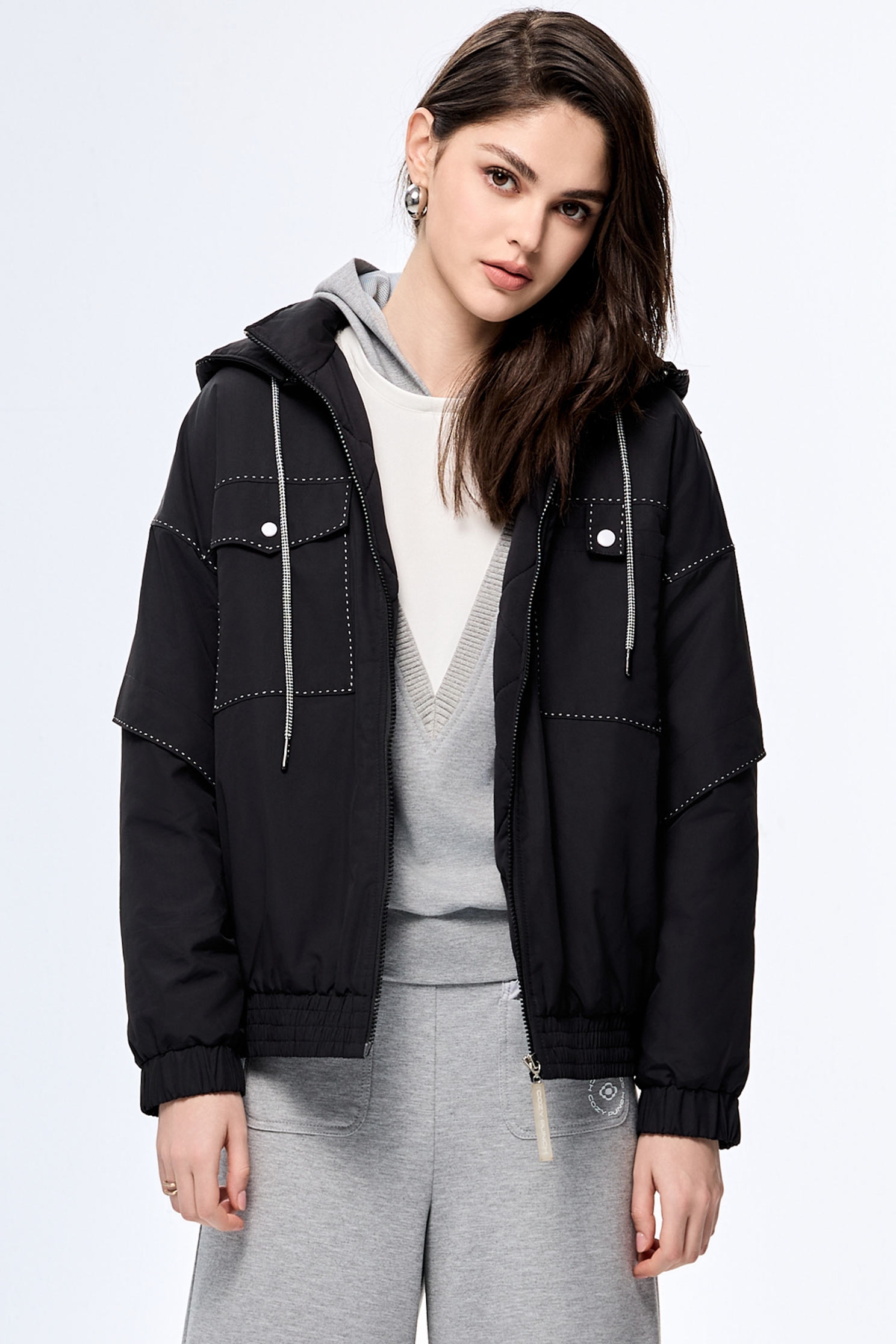 Embroidered Thread Warm JacketEmbroidered Thread Warm Jacket,COZY PUNCH,Jackets,Embroidered,Outerwear,Season (AW) Look,Black outerwear