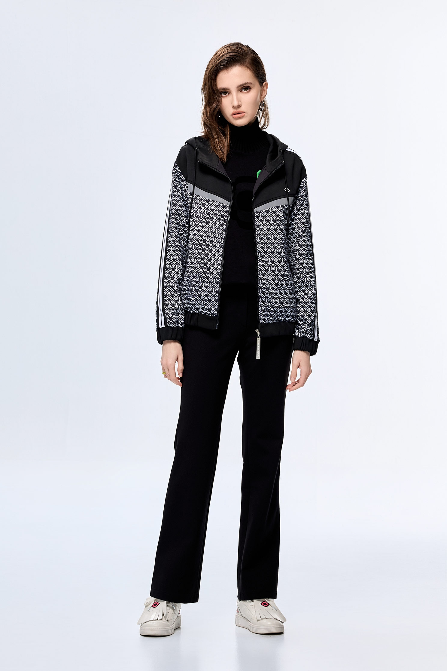 Black and White Logo Print JacketBlack and White Logo Print Jacket,COZY PUNCH,Outerwear,Season (AW) Look,Hoodie jackets