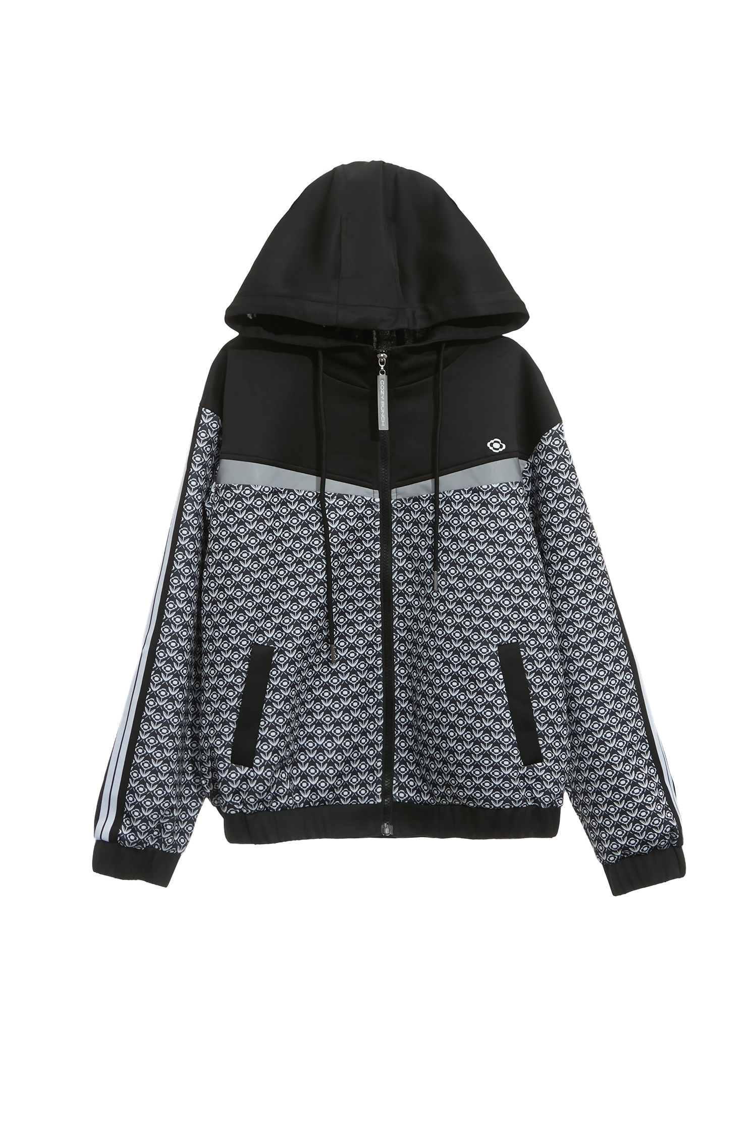 Black and White Logo Print JacketBlack and White Logo Print Jacket,COZY PUNCH,Outerwear,Season (AW) Look,Hoodie jackets