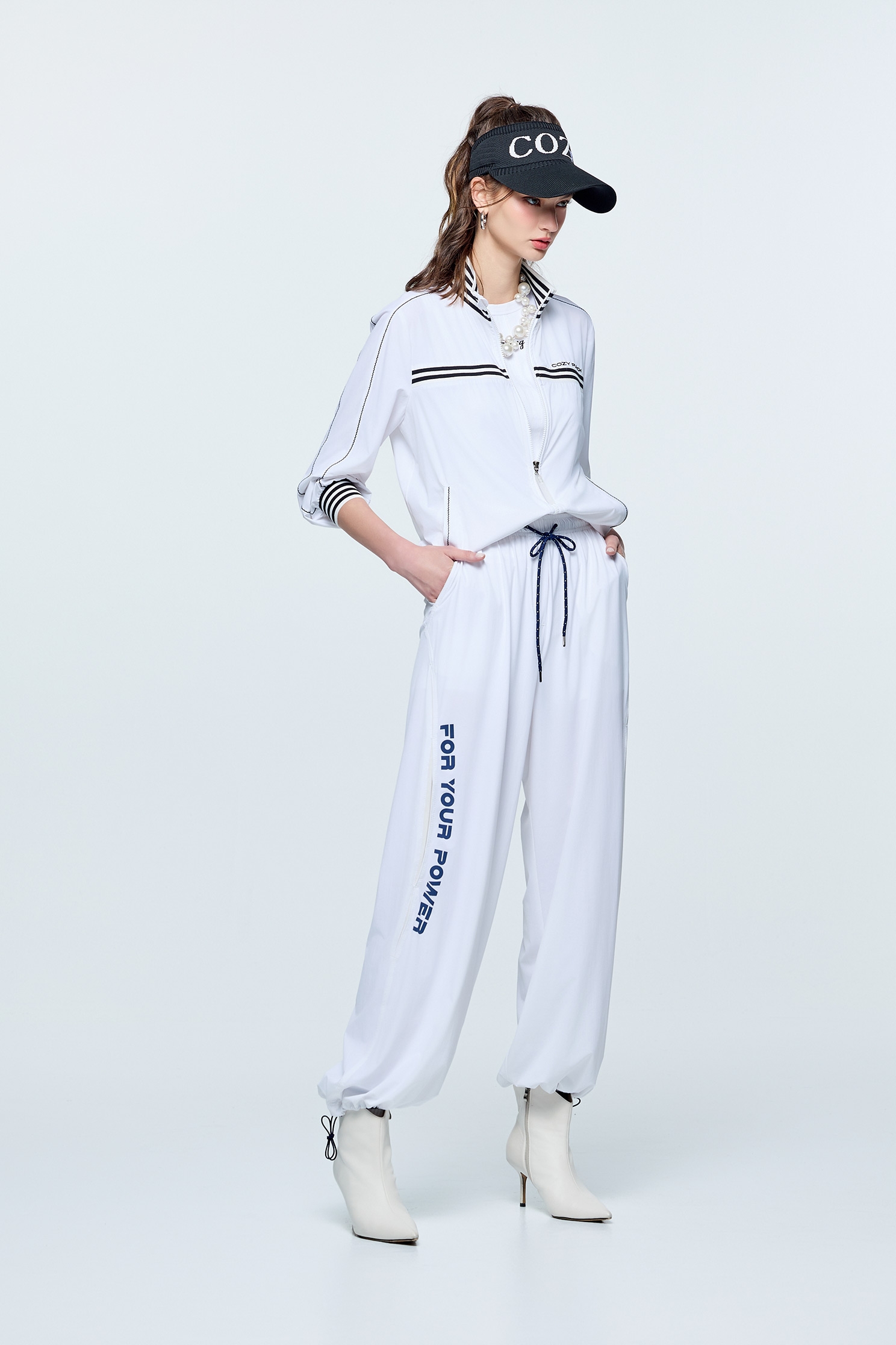 Printed Slogan Sun Protection Collagen Jogger PantsOptical White Collagen Pants,Cool Tech Activewear,CoolTechActivewear,COZY PUNCH,Season (SS) Look,White pants,Mesh fabric,pants