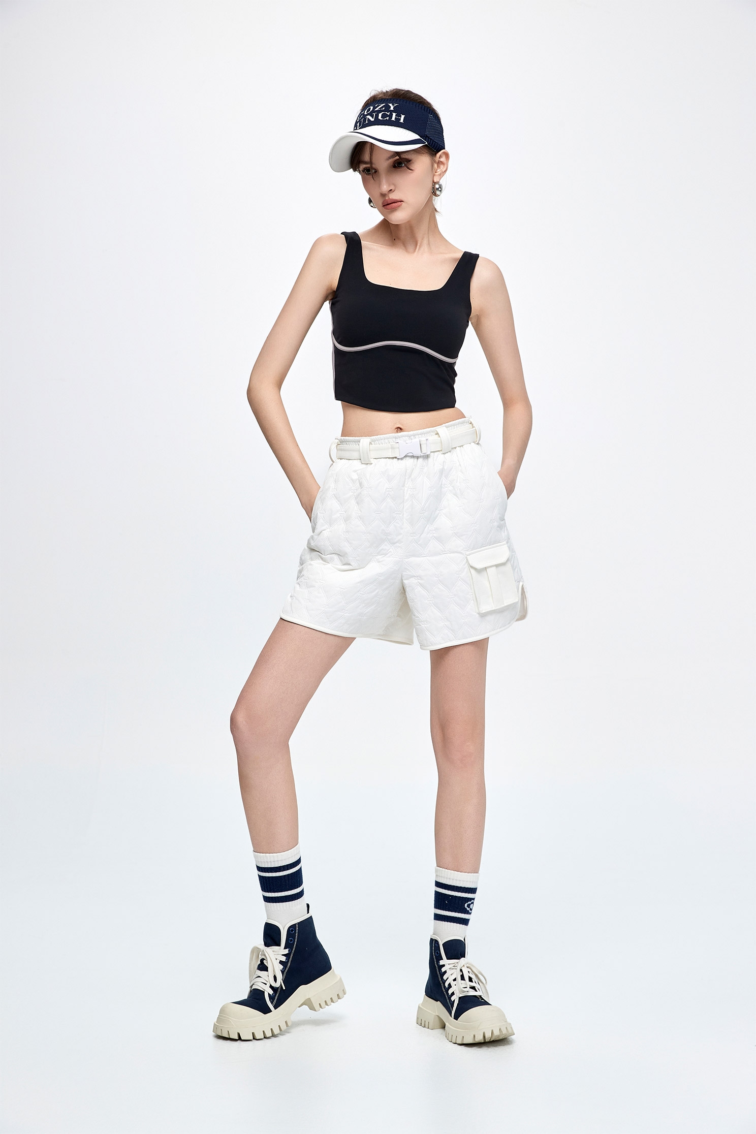 Optical White Quilted Insulated SkirtDiamond pattern casual shorts,COZY PUNCH,Jackets,Outerwear,White pants,Shorts,Season (AW) Look,pants