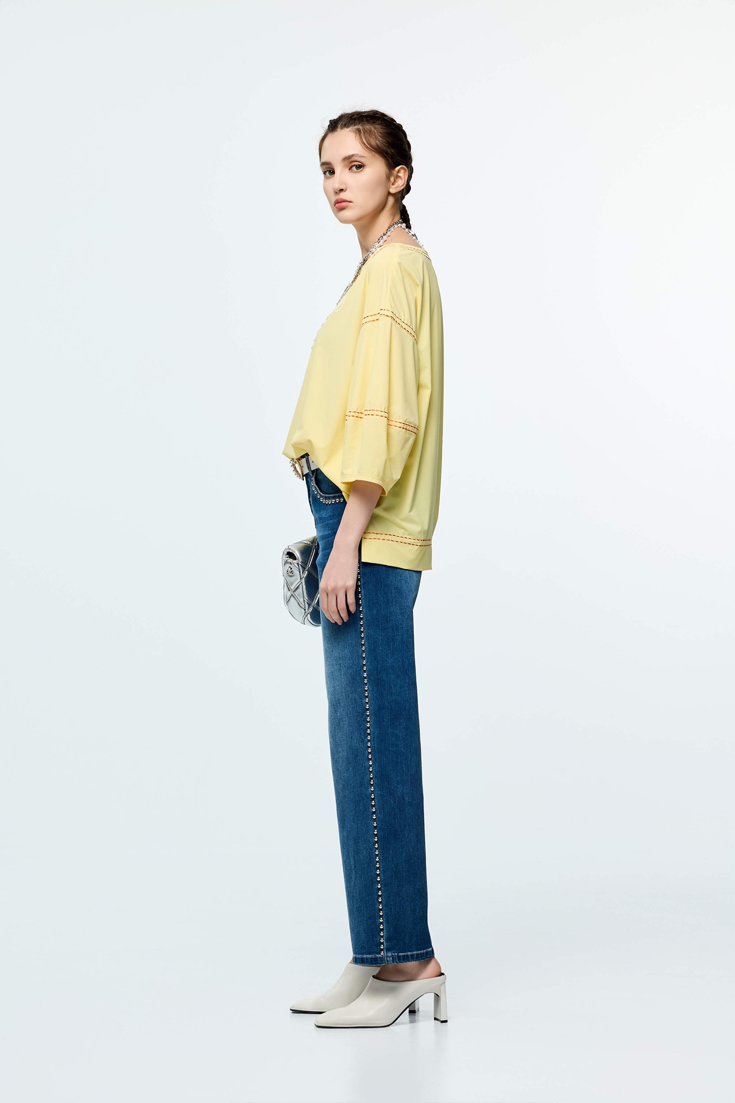 Contrast Stitch Detail High Performance Collagen TopColor-Blocked Embroidered Stitch Detail Top,COZY PUNCH,Tops,Casual,Embroidered,Season (SS) Look