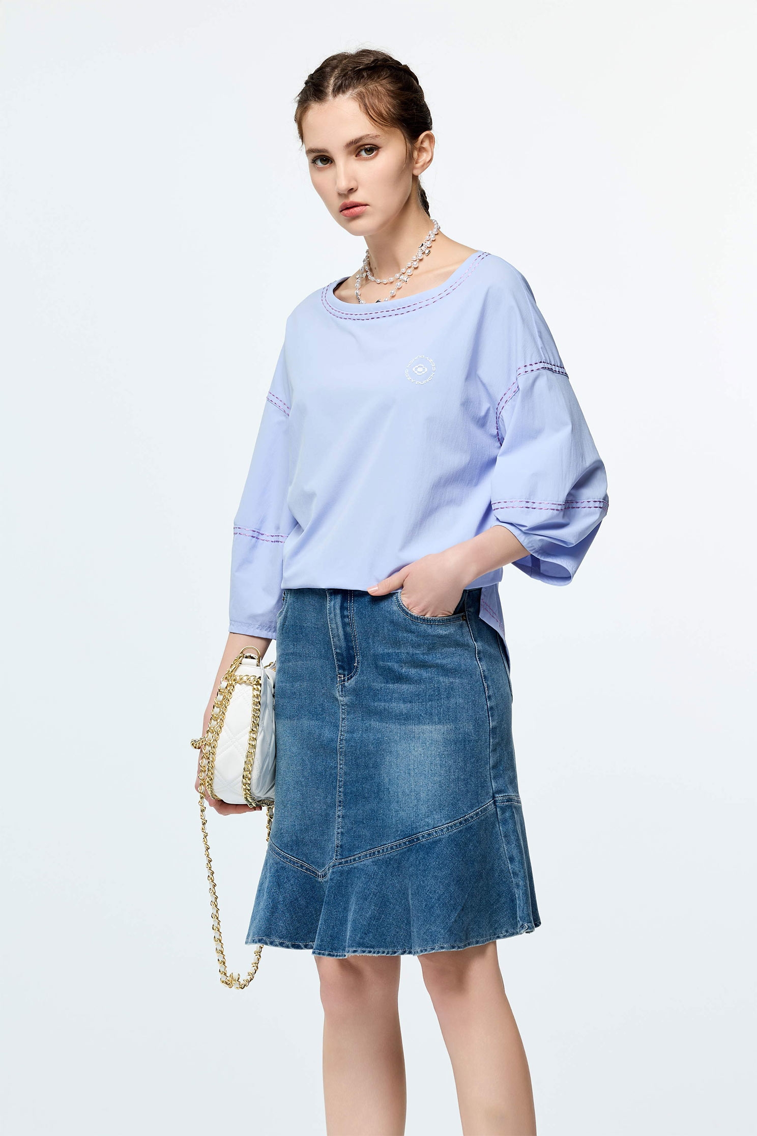 Contrast Stitch Detail High Performance Collagen TopColor-Blocked Embroidered Stitch Detail Top,COZY PUNCH,Tops,Casual,Embroidered,Season (SS) Look