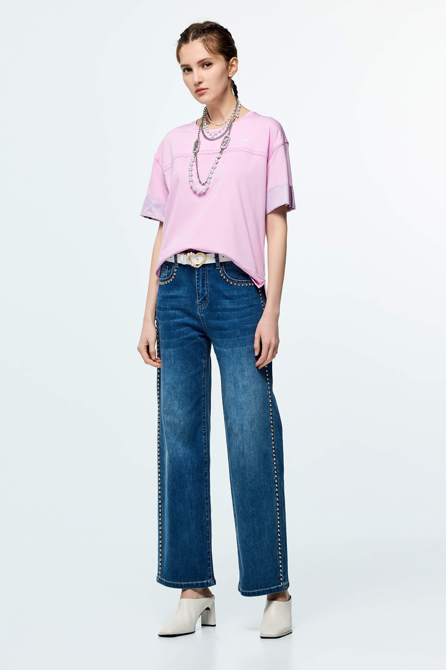 Contrast Stitch Detail Moisture Wicking Collagen T-ShirtLuxurious Pink Collagen T-Shirt,COZY PUNCH,Tops,Casual,Embroidered,Season (SS) Look