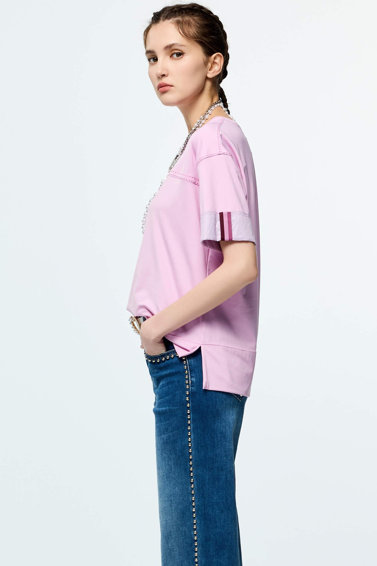 Contrast Stitch Detail Moisture Wicking Collagen T-ShirtLuxurious Pink Collagen T-Shirt,COZY PUNCH,Tops,Casual,Embroidered,Season (SS) Look