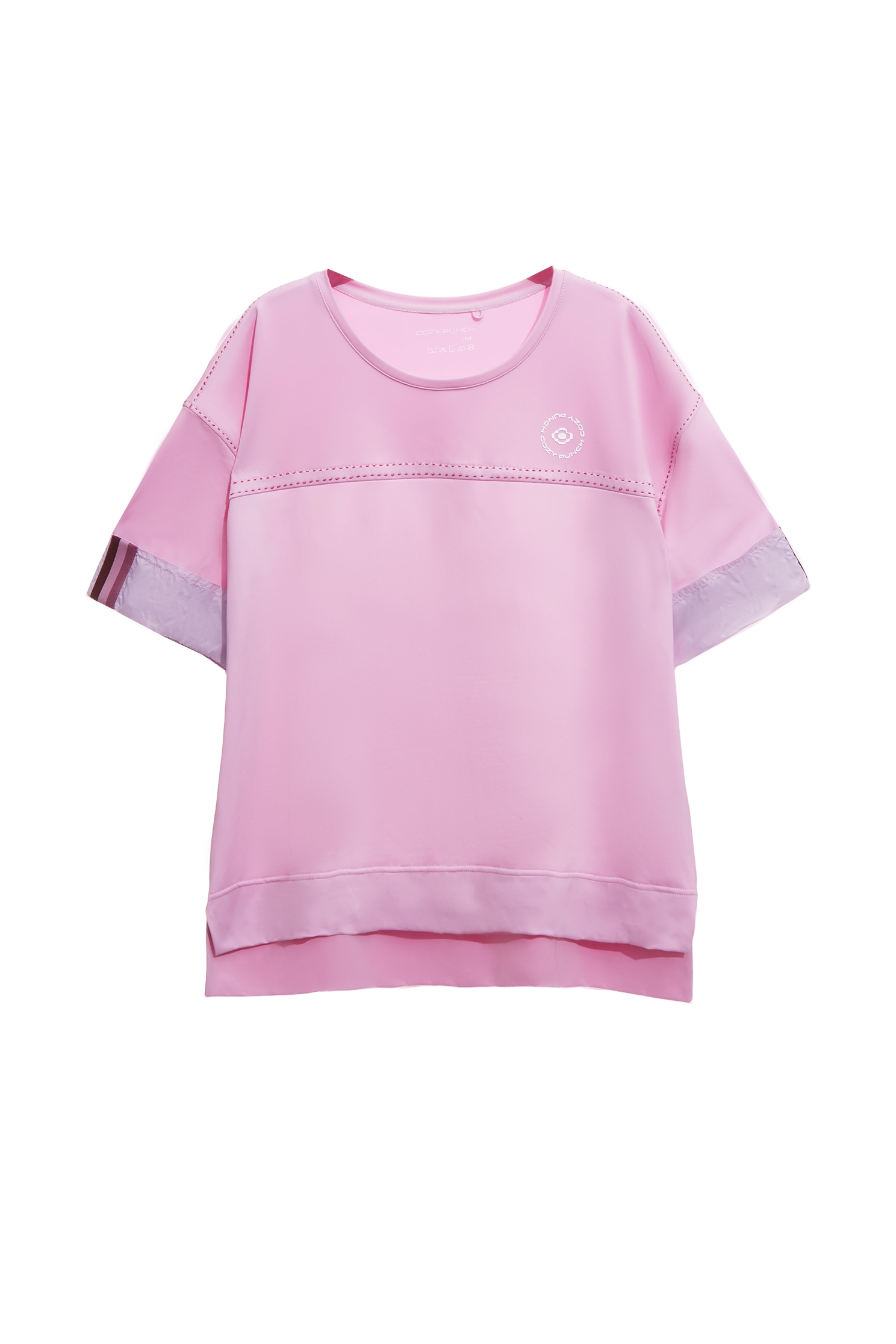 Contrast Stitch Detail Moisture Wicking Collagen T-ShirtLuxurious Pink Collagen T-Shirt,COZY PUNCH,Tops,Casual,Embroidered,Season (SS) Look