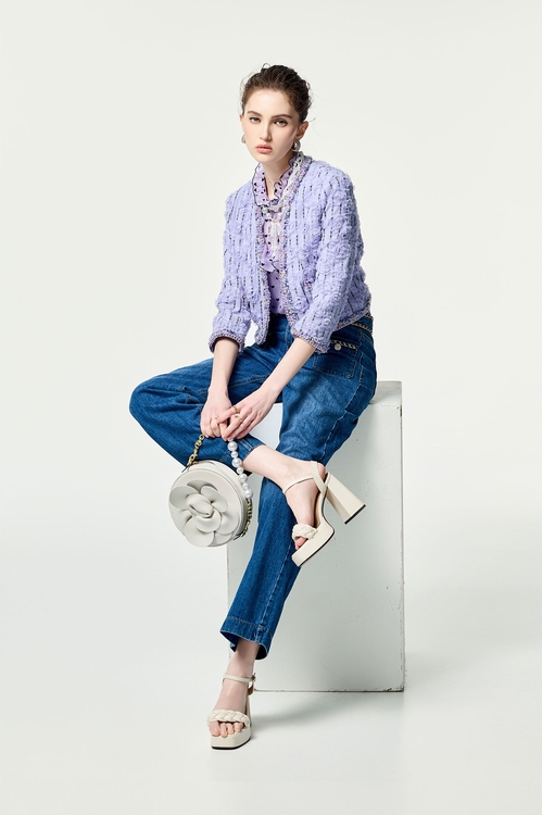 3-D Mesh Floral Purple Jacket,Stripe