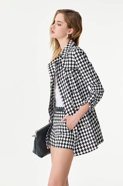 Black Geomatric Print Trench Coat,Trench coats