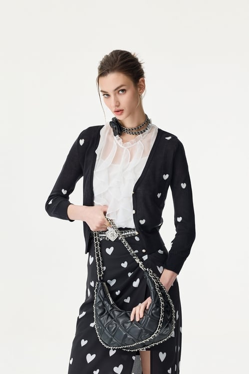 Heart Print V-neck Cardigan,Black outerwear