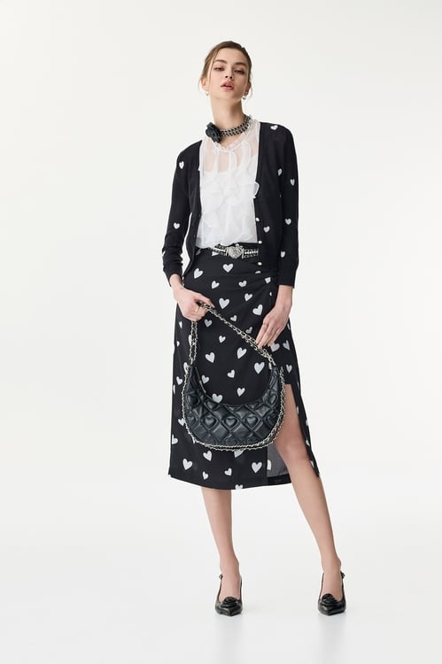 Heart Print V-neck Cardigan,Black outerwear