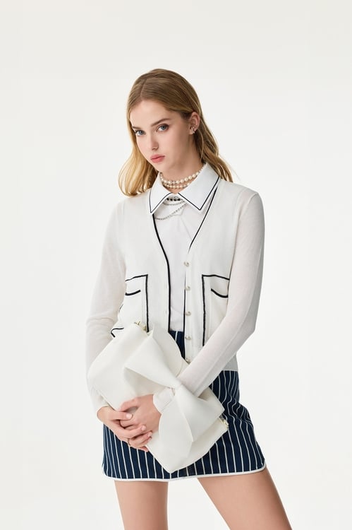 Contrast Navy Trim Knit Cardigan,White outerwear