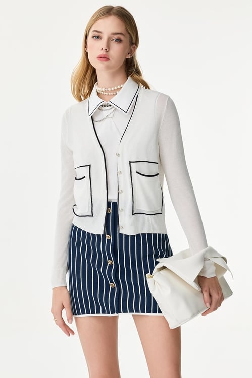 Contrast Navy Trim Knit Cardigan,White outerwear