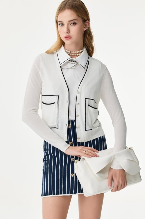 Contrast Navy Trim Knit Cardigan,White outerwear