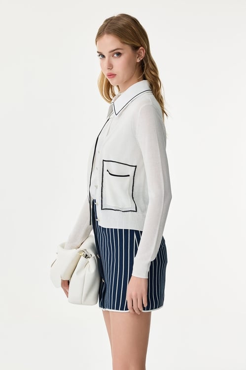Contrast Navy Trim Knit Cardigan,White outerwear
