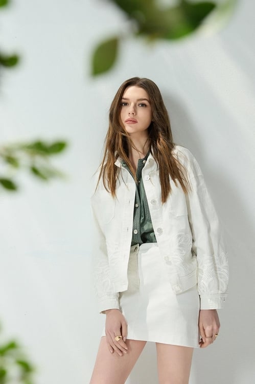 Lace Embroidery Denim Jacket,White outerwear