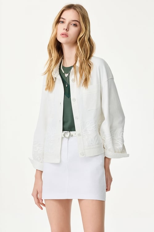 Lace Embroidery Denim Jacket,White outerwear
