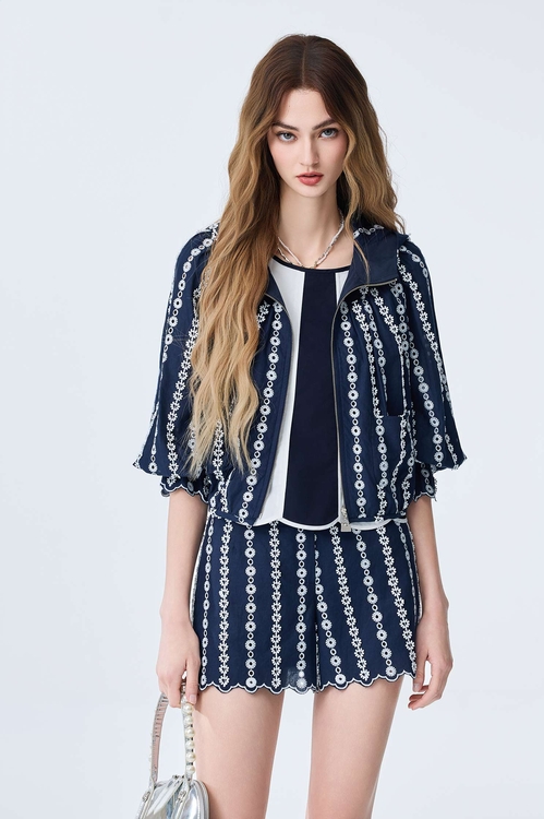 Navy Hoodie Jacket With Contrast Lace Detail,Hoodie jackets