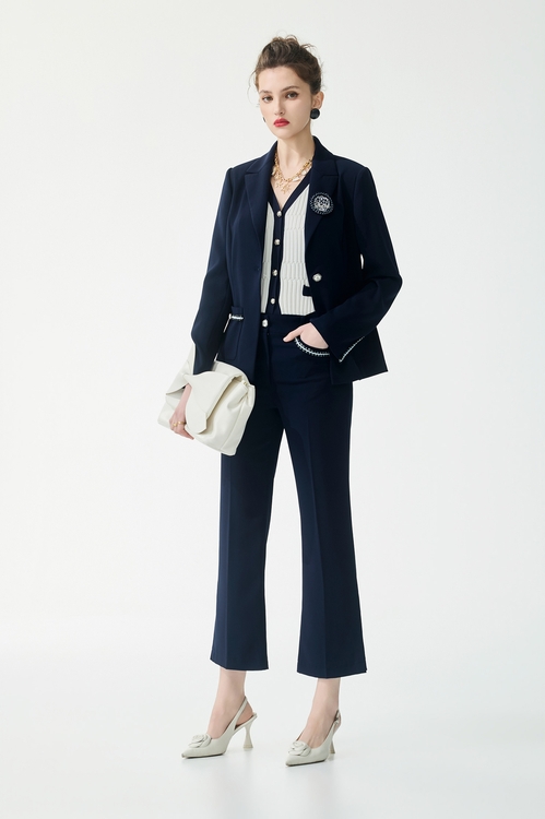 Braided Trim Detail Navy Blazer,Outerwear