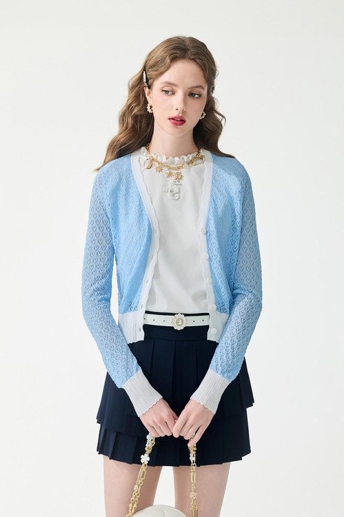 Contrast White Trim Blue Knit Cardigan,Outerwear