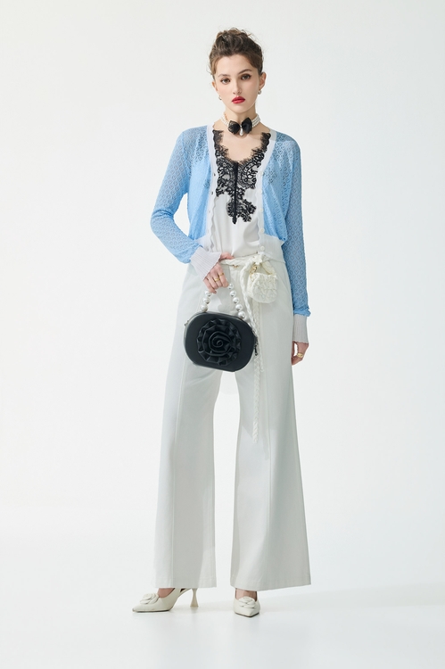 Contrast White Trim Blue Knit Cardigan,Outerwear