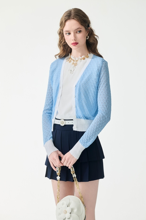 Contrast White Trim Blue Knit Cardigan,Outerwear