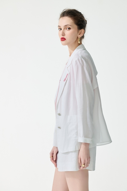 Embroidery Slogan Linen Blazer,Chiffon