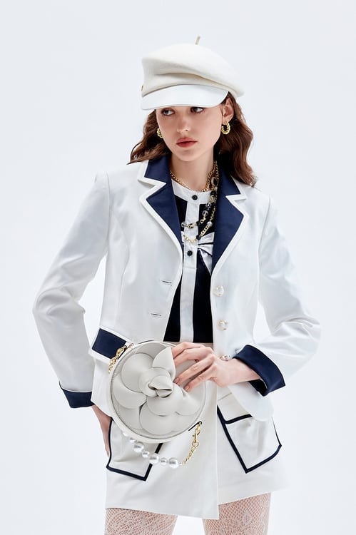 White Blazer With Contrast Navy Detail,Outerwear