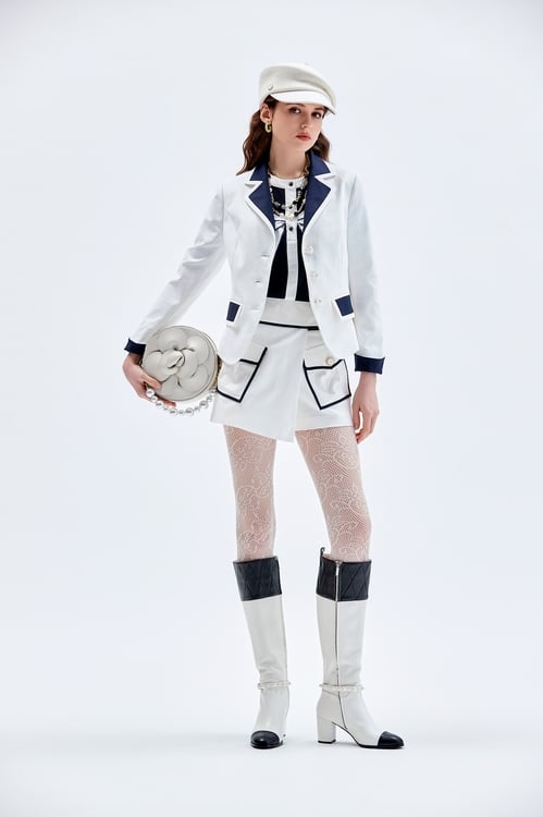 White Blazer With Contrast Navy Detail,Outerwear