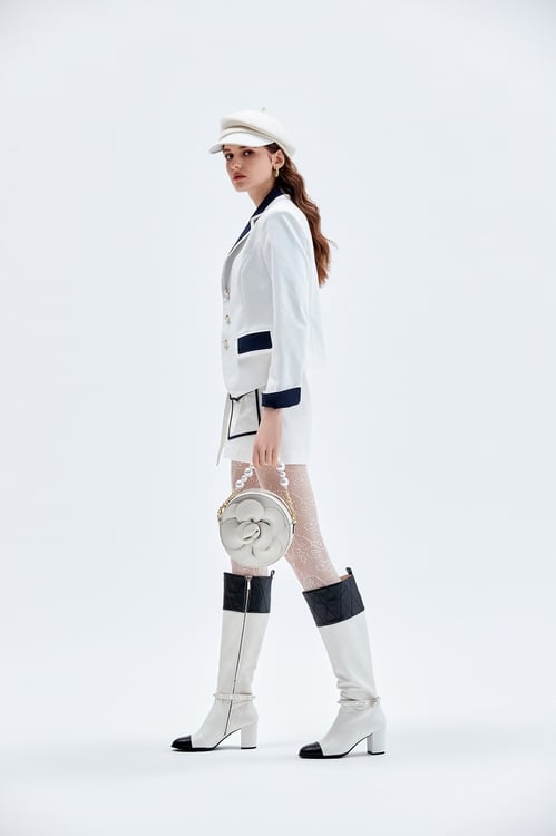 White Blazer With Contrast Navy Detail,Outerwear