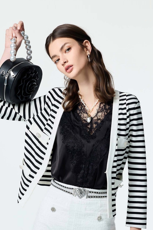 Black White Stripe V-neck Jacket,Back To Classic