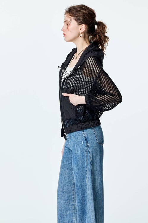 Front Zip Mix Fabric Hoodie Jacket,Trench coats