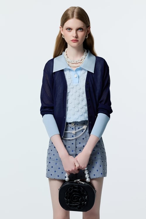 Contrast Sleeve Cuff Navy Cardigan,Knitted coats