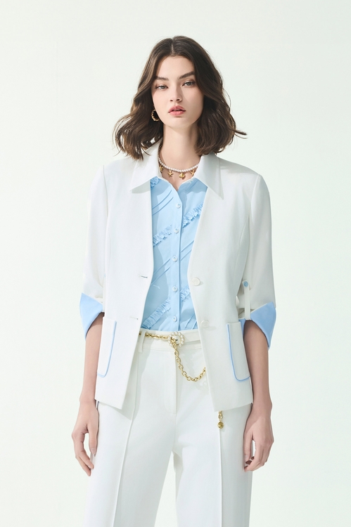 Blue Trim Detail White Blazer,,,sleeveless tops,Tops,Season (SS) Look,sleeveless tops,bows,Knitted,Knitted tops,Jackets,Outerwear,Season (SS) Look,White outerwear,bows