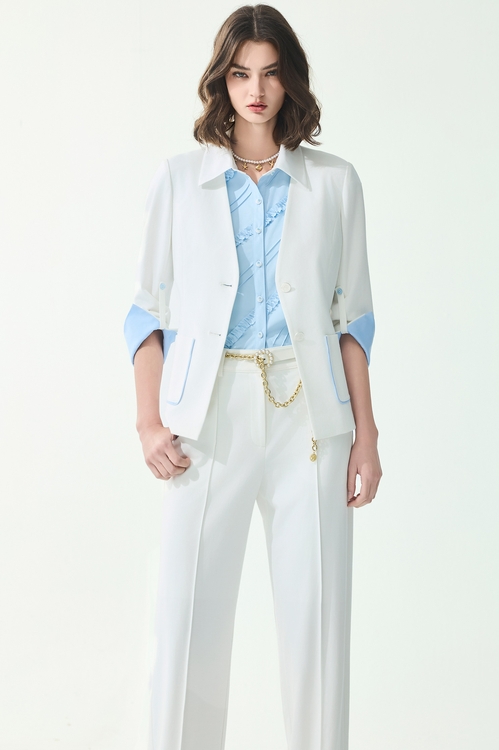 Blue Trim Detail White Blazer,,,sleeveless tops,Tops,Season (SS) Look,sleeveless tops,bows,Knitted,Knitted tops,Jackets,Outerwear,Season (SS) Look,White outerwear,bows