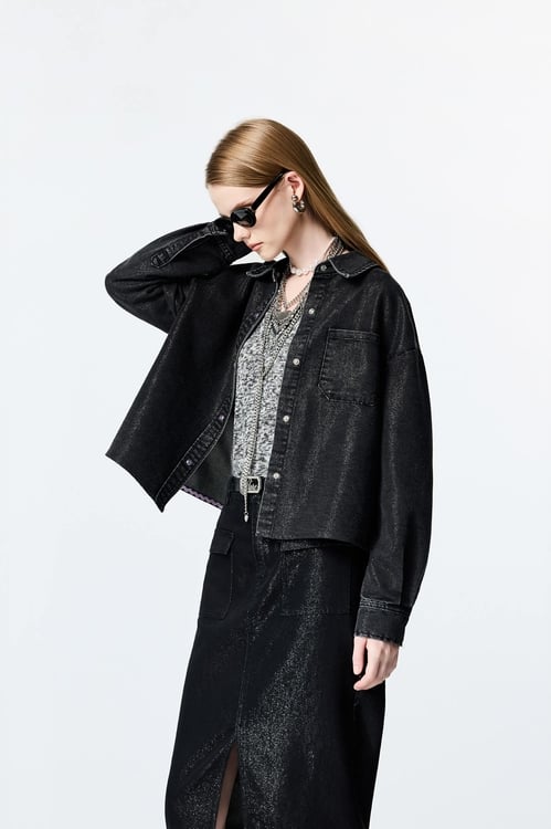 Metallic Sheen Grey Denim Jacket,Outerwear