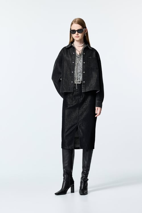 Metallic Sheen Grey Denim Jacket,Outerwear