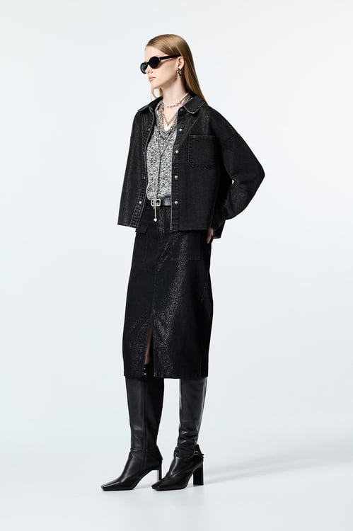 Metallic Sheen Grey Denim Jacket,Outerwear