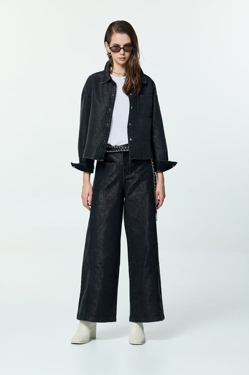 Metallic Sheen Grey Denim Jacket,Outerwear